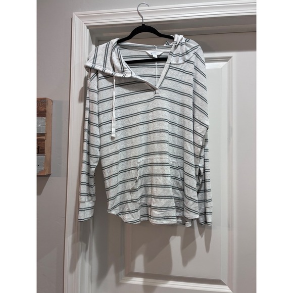 Market & Spruce Tops - Market & Spruce Women White Grey Striped Knit Hoodie V-Neck Size L